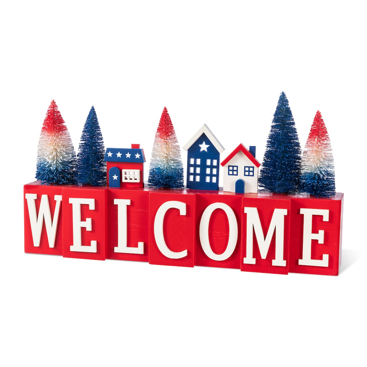 Glitzhome® 14" Patriotic Americana Wooden House & Brush Trees Table Decor